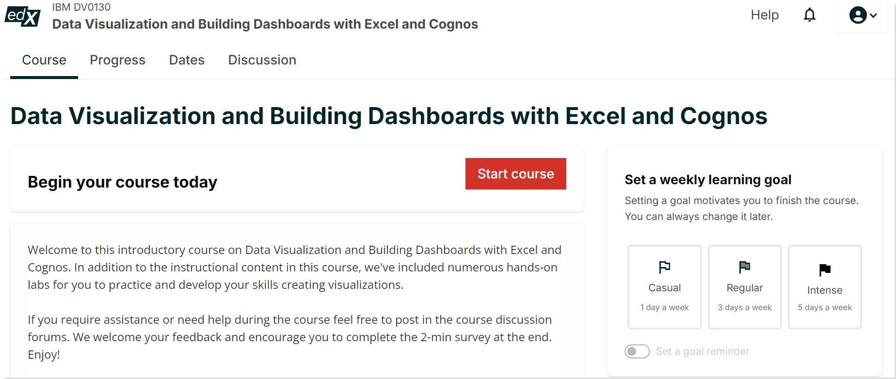 edX Data Visualization and Building Dashboards with Excel and Cognos (IBM) course